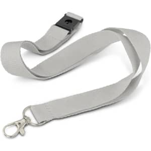 A grey glow in the dark lanyard with a metal clip and a plastic buckle, featuring a logo.
