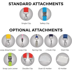 A collection of lanyard attachments in various colours, including clips and holders for different uses.