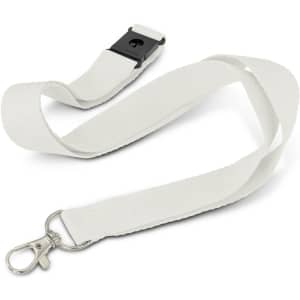 A white glow-in-the-dark lanyard with a black clip and a metal hook for attaching items.