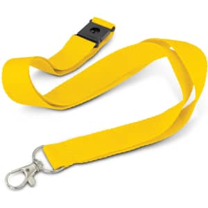 A bright yellow lanyard with a clip and adjustable buckle, featuring a logo branding.
