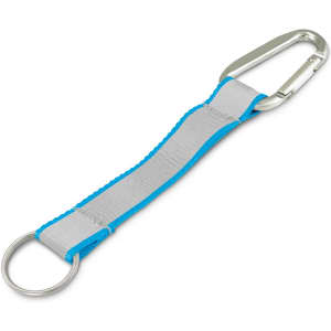 A reflector key ring featuring a silver carabiner, a grey strap, and blue trimming.