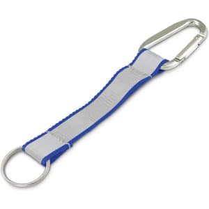 A Reflector Key Ring featuring a silver carabiner and a blue and grey strap with a circular keyring attachment.