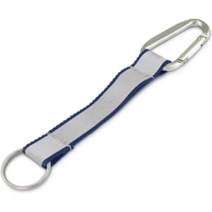 A reflector key ring with a silver carabiner and a blue strap, featuring a metal ring attachment.