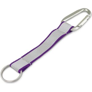 A purple reflector key ring with a silver carabiner and a metal ring attachment.