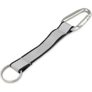 A grey reflector key ring with a silver carabiner and metal ring for attachment. Features a logo.