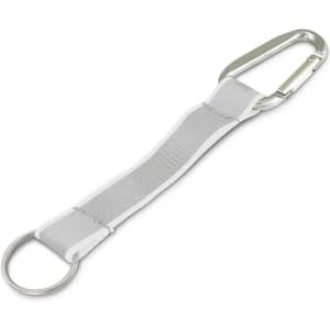 A silver reflector key ring with a carabiner clip and a fabric strap in grey.