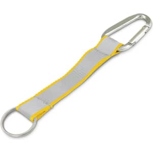 A reflector key ring featuring a silver carabiner, yellow and grey strap, and a metal ring.