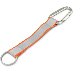 A reflective key ring featuring a silver carabiner, grey strap with orange trim, and a split ring.