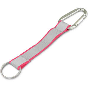 A reflector key ring with a silver carabiner and a grey strap, bordered in bright pink.