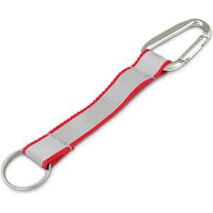 A reflector key ring with a red and grey strap and a metal carabiner clip. It includes a round ring for keys.