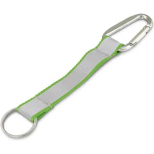 A grey reflector key ring with a green strap and a silver carabiner clip. Features a circular metal ring.
