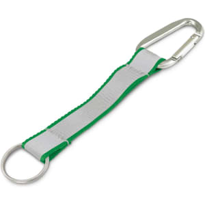 A green and grey reflector key ring with a carabiner and metal ring attachment.
