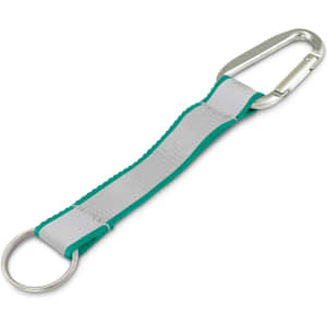 A green and grey reflector key ring featuring a carabiner clip and a circular keyring attachment.
