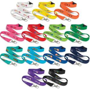A collection of RPET lanyards in various colours, featuring different logos and clips.