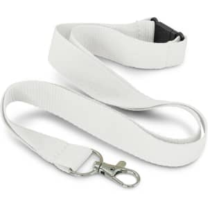 A white RPET lanyard with a metal clip and a black plastic adjuster. It features a simple, sturdy design.