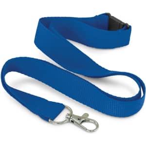 A blue RPET lanyard with a metal clip and a secure fastener. It features a smooth, textured surface.