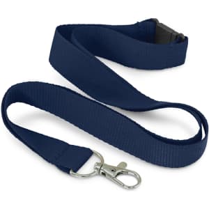 A navy RPET lanyard with a metal clip and a sturdy buckle, featuring a textured finish.
