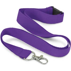 A purple RPET lanyard with a metal clip and a plastic buckle. It has a smooth, textured finish.