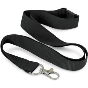 A black RPET lanyard featuring a metal clip at one end and a sturdy buckle. It has a logo on the material.