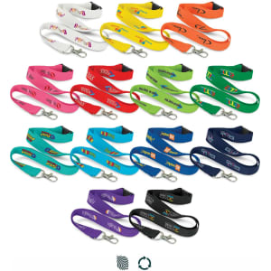 A variety of RPET lanyards in multiple colours including pink, yellow, green, and blue, each featuring a logo and clip.