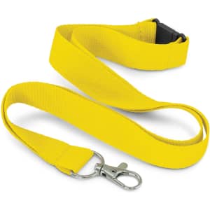 A bright yellow RPET lanyard with a metal clip and black buckle for secure attachment.