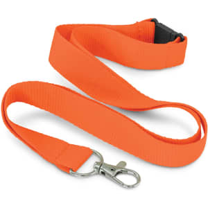 An orange RPET lanyard with a metal clip and a black plastic buckle for attachment.