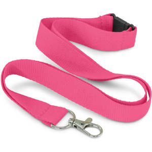 A pink RPET lanyard with a metal clip and a plastic buckle, featuring a smooth, textured finish.