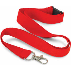 A red RPET lanyard with a metal clasp and adjustable buckle, featuring a simple design.