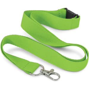 A bright green RPET lanyard with a clip and plastic buckle, featuring a textured fabric design and a logo.