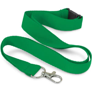 A green RPET lanyard with a metal clip and a plastic buckle for attachment.