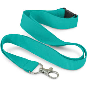 A turquoise RPET lanyard with a metal clasp and a buckle for easy attachment. Features a smooth, flat design.