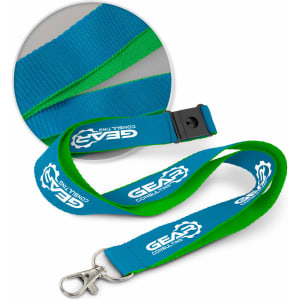 A duplex lanyard featuring a bright blue and green design, with a clip and branding on it.