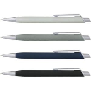 A set of four metal pens in light grey, dark grey, navy blue, and black, featuring silver accents and a logo.