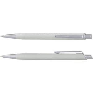 A metal pen in a light green shade with silver accents and a logo feature. Two pens are displayed.