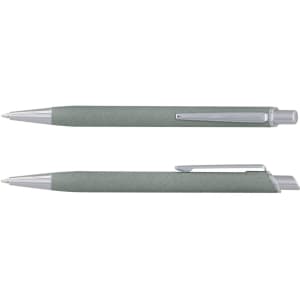A metal pen in a soft green finish with silver accents and a clip, featuring a logo on the body.