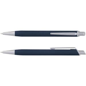 A metal pen in dark blue with a silver clip and tip, featuring a logo.
