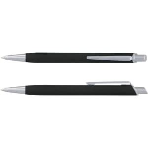 A metal pen with a black grip and chrome accents, featuring a clip and a smooth writing tip. Contains a logo.
