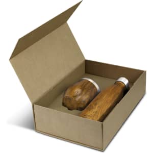 A drink bottle set featuring two wooden-textured bottles with metallic caps, displayed in an open kraft box.