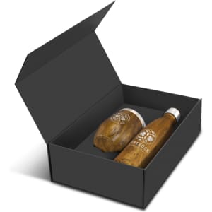A drink bottle and a cup with a wooden finish, presented in a black gift box.