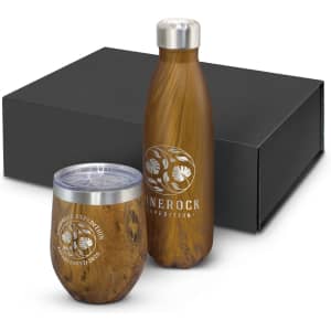 A drink bottle and insulated tumbler in a wooden finish, presented in a black gift box with a logo.