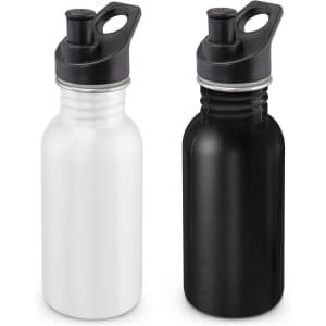 A drink bottle set featuring a white and a black 500ml Nomad Bottle, both with a spout lid and carrying handle.