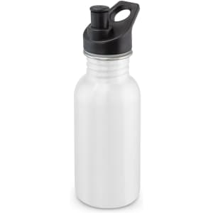 A drink bottle in white with a black sports lid and a loop for easy carrying. It features a logo on the side.