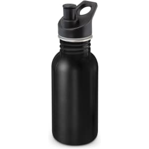 A drink bottle in matte black, featuring a spout and a handle, with a branding logo on the body.
