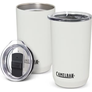 A drink bottle in a light cream colour with a clear lid, featuring a logo. Two sizes are displayed.