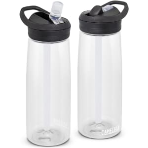 A drink bottle in clear plastic with a black lid and straw. Features a logo on the side.