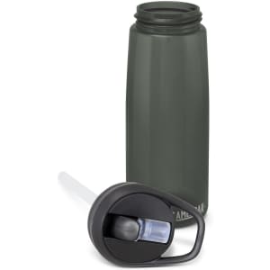 A drink bottle in dark green with a black lid and straw, featuring a branding logo.