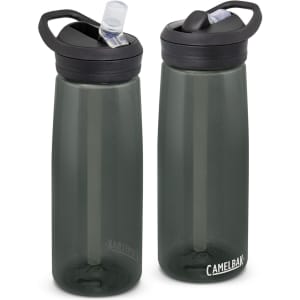 A drink bottle made of dark green plastic, featuring a black lid and a built-in straw. It has a logo on one side.