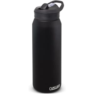 A drink bottle in matte black with a lid and a logo on the base, designed for vacuum insulation.