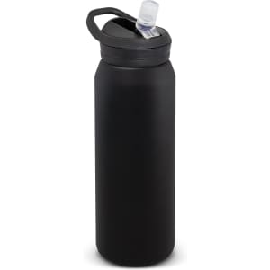 A drink bottle in matte black with a spout, featuring a handle and a branding logo on the side.
