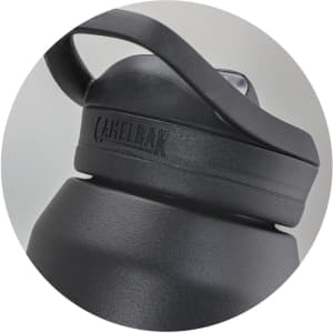 A drink bottle in matte black with a wide mouth and a carry handle, featuring a logo on its side.